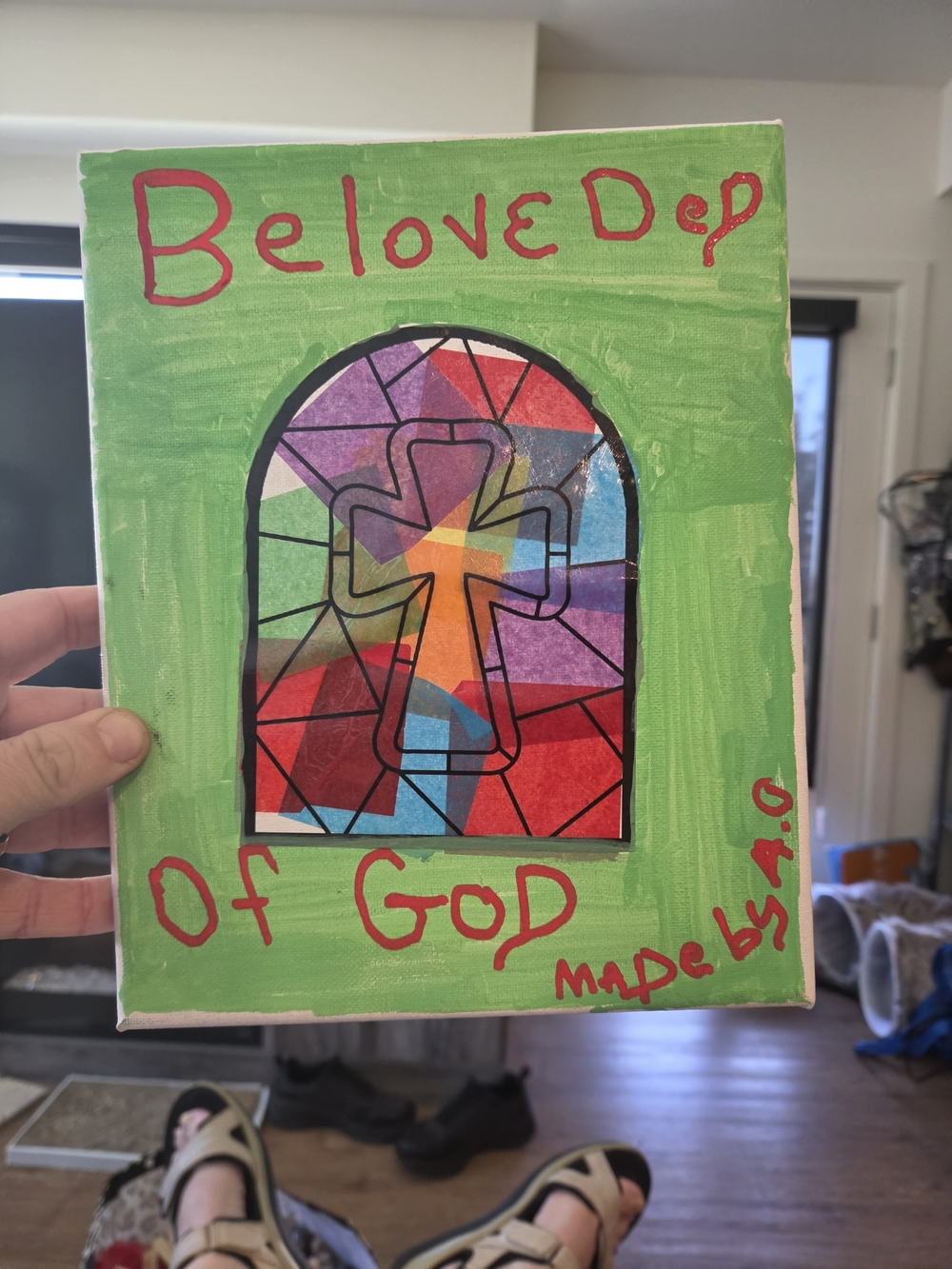 Handmade 'Beloved of God' Green Stained-Glass Cross Canvas